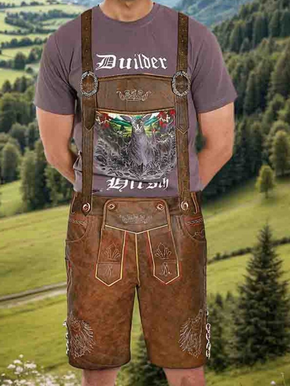 Oktoberfest Lederhosen Short Red Brown Leather German Traditional Outfit